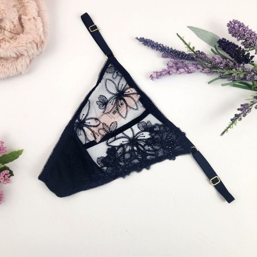 EXTRA LARGE {Victoria's Secret} Dark Blue Embellished Floral Thong